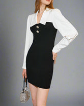 Colorblock Ribbed Mini Dress with Pearl Detail - Ibru